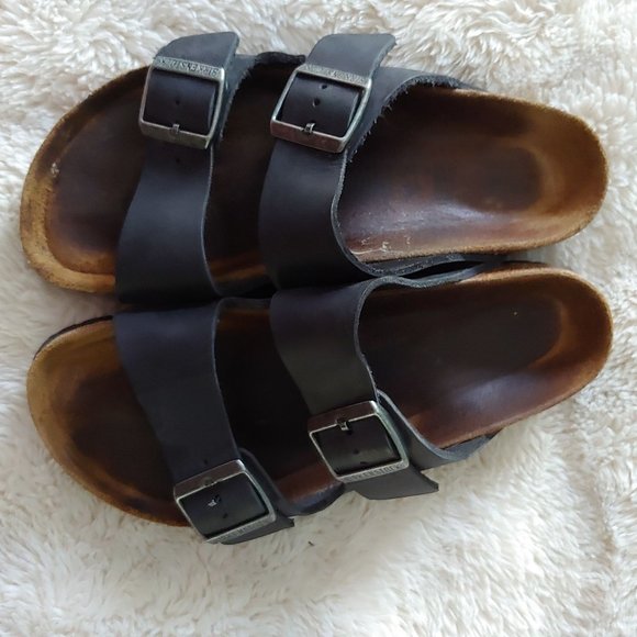 Birkenstock 2 strap black leather 38 approx 7-9 womens - Picture 12 of 12